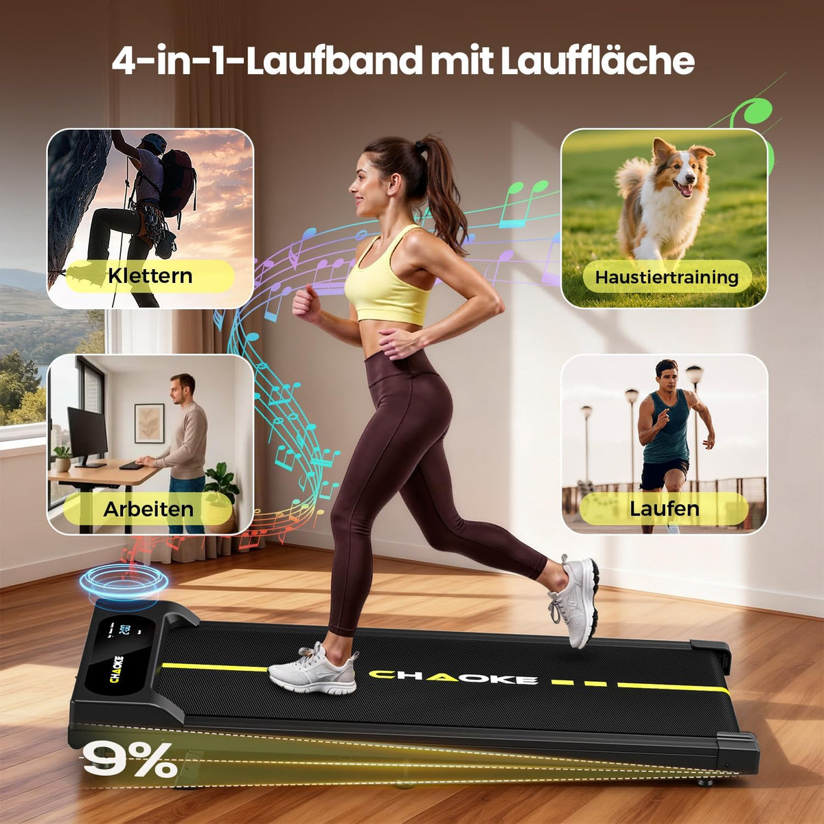 Walking Pad mit Steigung 9%, 1-10 km/h Laufband für Zuhause mit APP, 2.75HP Walking Pad Cardio für Home-Office mit Eingebaute Lautsprecher, LED-Anzeige, Leise Schreibtisch Laufband