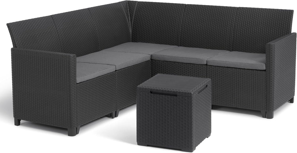 Keter Nora - Ecksofa für Garten oder Terrasse, 5-Sitzer, mit Kissen und Beistelltisch mit 35 l Stauraum, Farbe Graphit