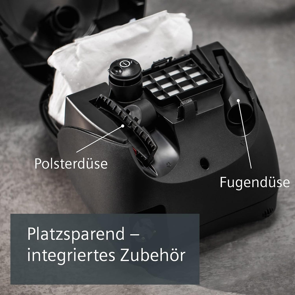 Siemens Staubsauger mit Beutel synchropower VS06B112A, Bodenstaubsauger, Hygiene-Filter, Bodendüse für Parkett, Teppich, Fliesen, langes Kabel, Fugendüse, 700 W, schwarz, 700 Watt
