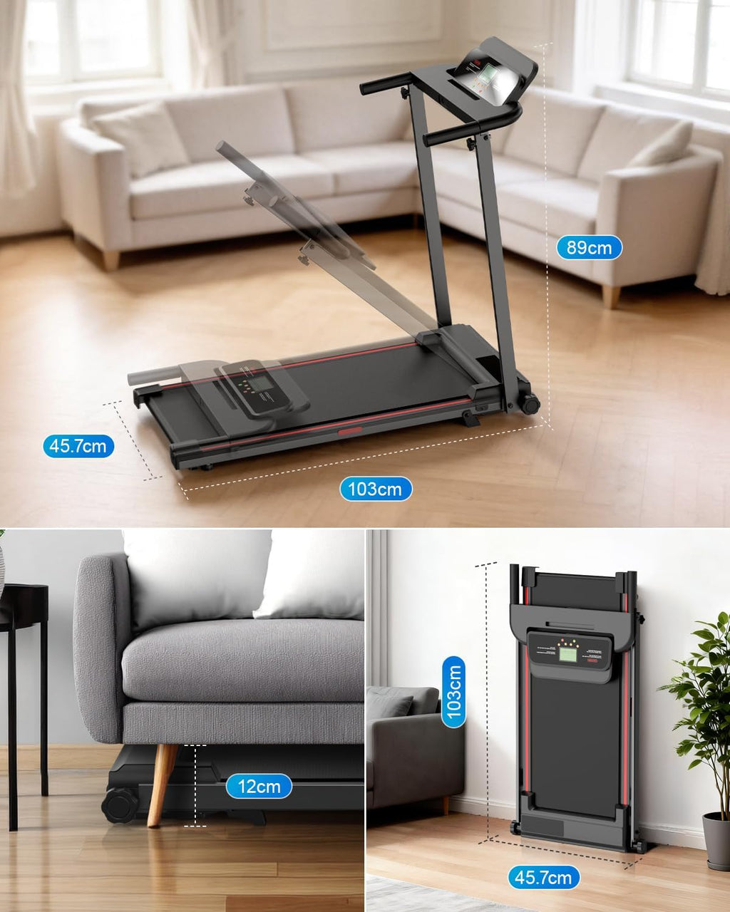 Laufband für Zuhause, Elektrisches Laufbänder mit Griff, Klappbares bis 10Km/H, Treadmill Walking Pad for Home, Leise Klein Büro Klappbar Kompakte, Anzeige 12 Programme Voreingestellte
