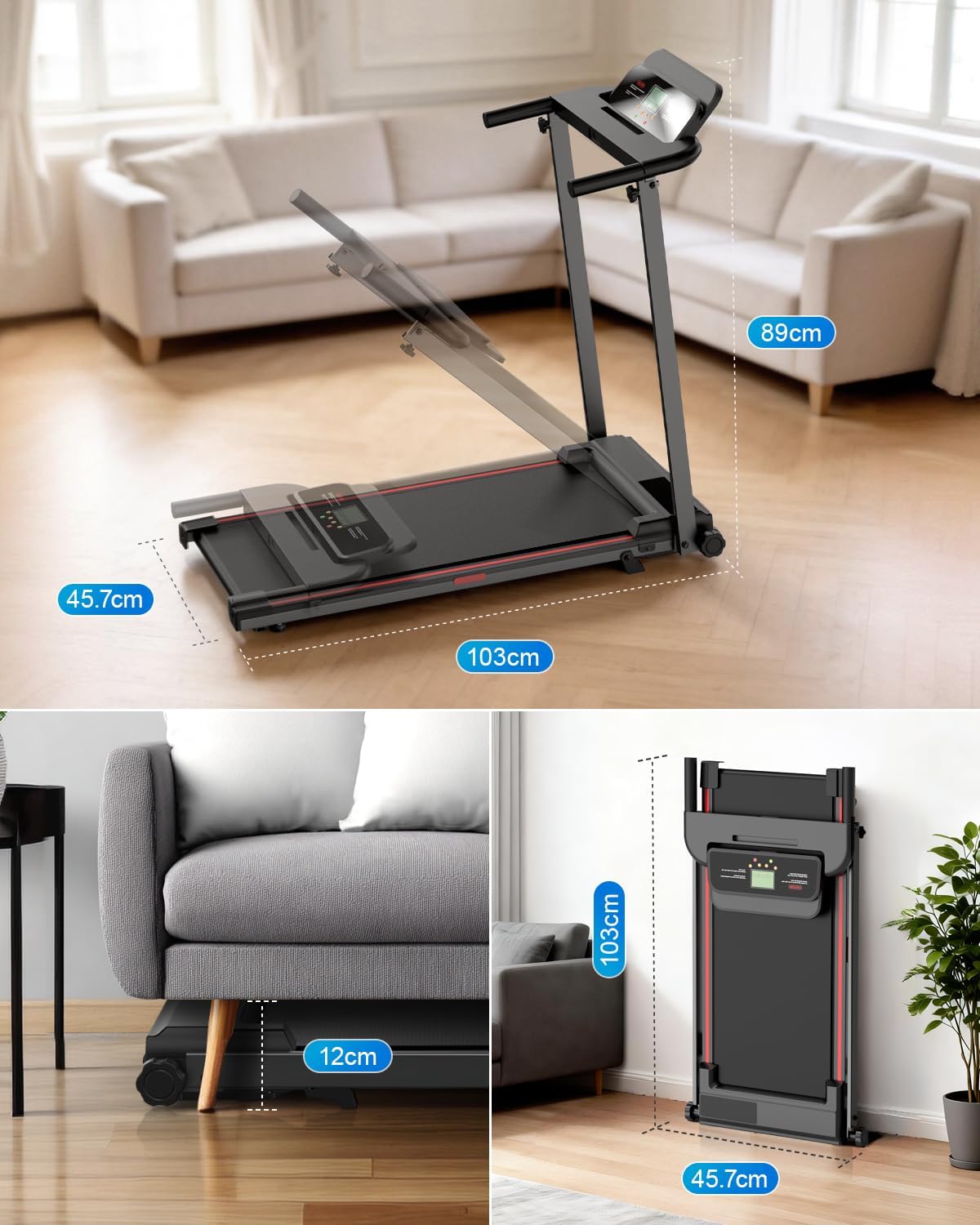 Laufband für Zuhause, Elektrisches Laufbänder mit Griff, Klappbares bis 10Km/H, Treadmill Walking Pad for Home, Leise Klein Büro Klappbar Kompakte, Anzeige 12 Programme Voreingestellte