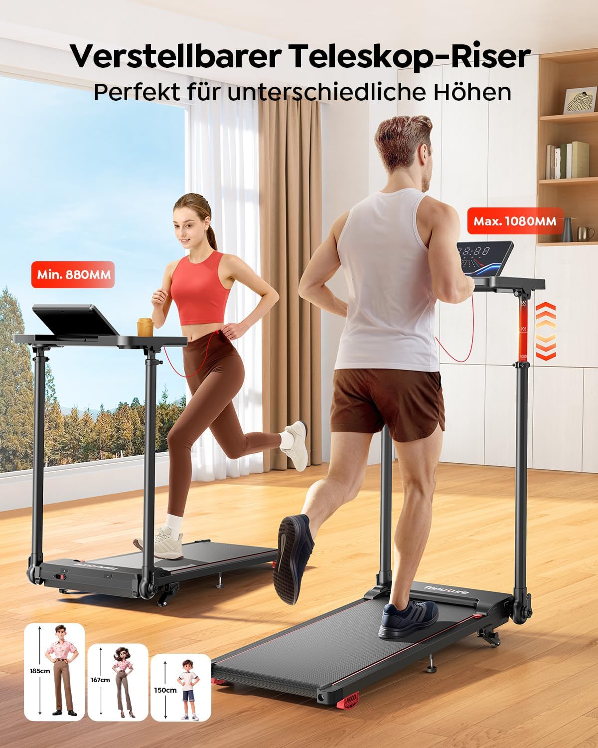 Laufband für Zuhause 12km/h, 6 IN 1 Elektrisches Laufband mit 10% Steigung, 1080MM Einziehbares Steigrohr, Controllo App, 360° Tablet Holder, 2.5HP Leiser Motor, LED Anzeige
