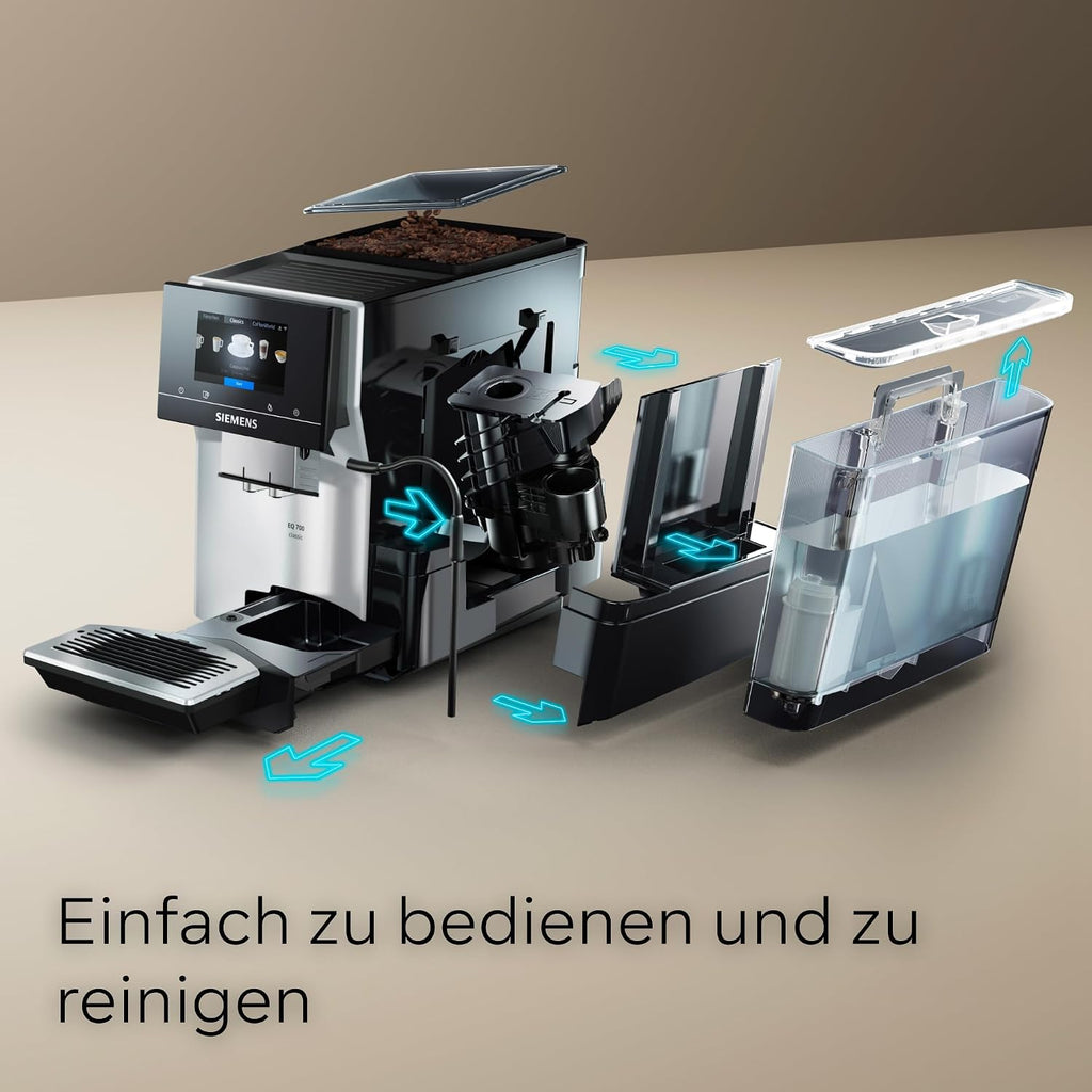 Siemens Kaffeevollautomat EQ700 classic, großes farbiges TFT-Display, 36 Heiß- und Kaltgetränke, Cold Brew, 10 Favoriten, 2-Tassen-Funktion, Steuerung per App, autom. Reinigungsystem, Silber, TP715E17