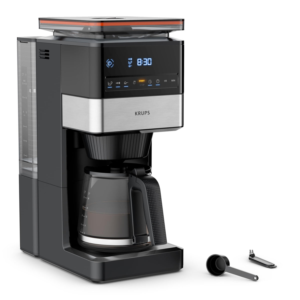 KRUPS Grind Aroma XL Filterkaffeemaschine, abnehmbares Kegelmahlwerk, digitales Bedienfeld, XL-Fassungsvermögen (1,25 L), Edelstahl-Thermoskanne, Schwarz/Edelstahl, KT842810
