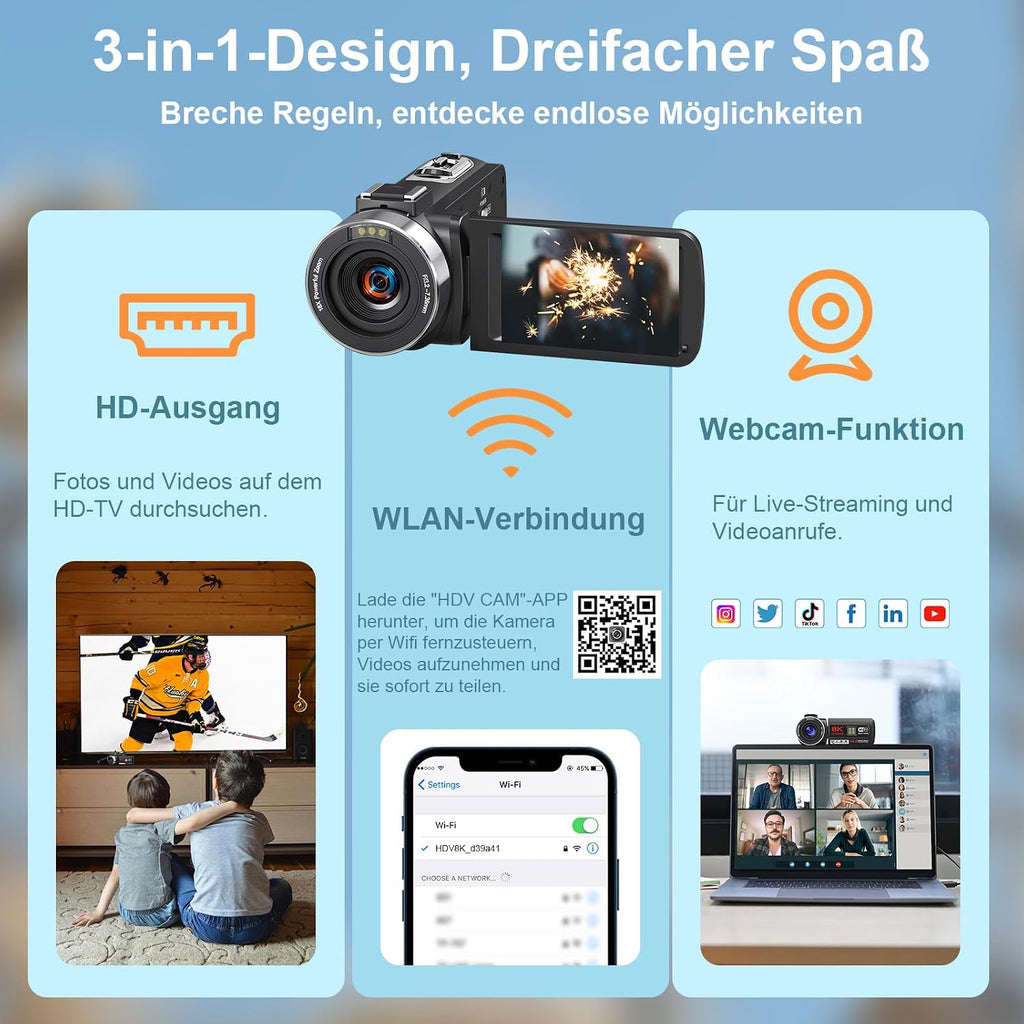 Video Camera Camcorder 8K 64MP WiFi 18X Digital Zoom Night Vision Vlog