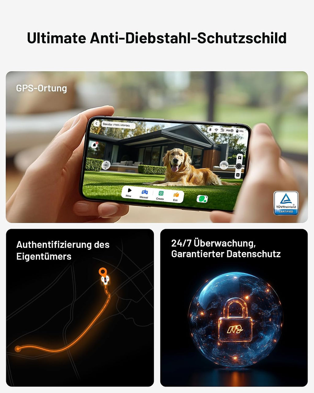 MAMMOTION YUKA 2000 Mähroboter ohne Begrenzungskabel, Max. 2400m², NetRTK+Vision, Keine RTK-Antenne, Auto-Kartierung,2000m², Intelligenter Rasenmäher Roboter mit 4G-Modul, 50% Steigung(YUKA 2000)