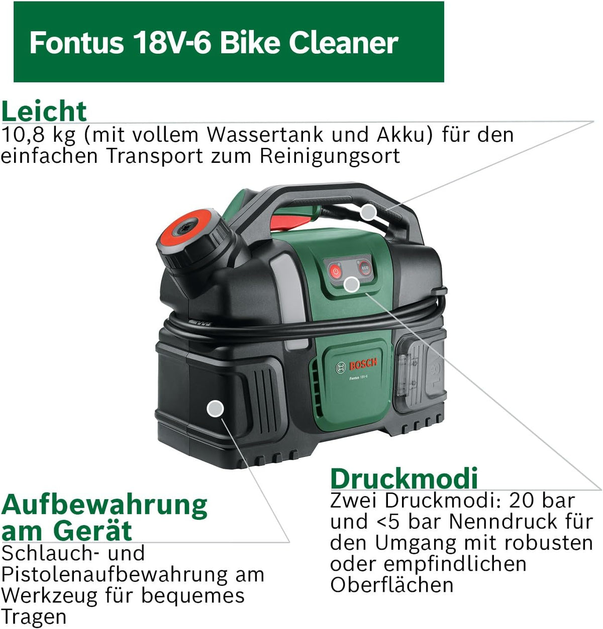 Bosch Akku-Druckreiniger Fontus 18V-6 für Fahrräder (mobil, mini, 6-Liter-Wassertank, 8 Druckstufen, Aufbewahrung für Schlauch und Pistole, onhe Akku)
