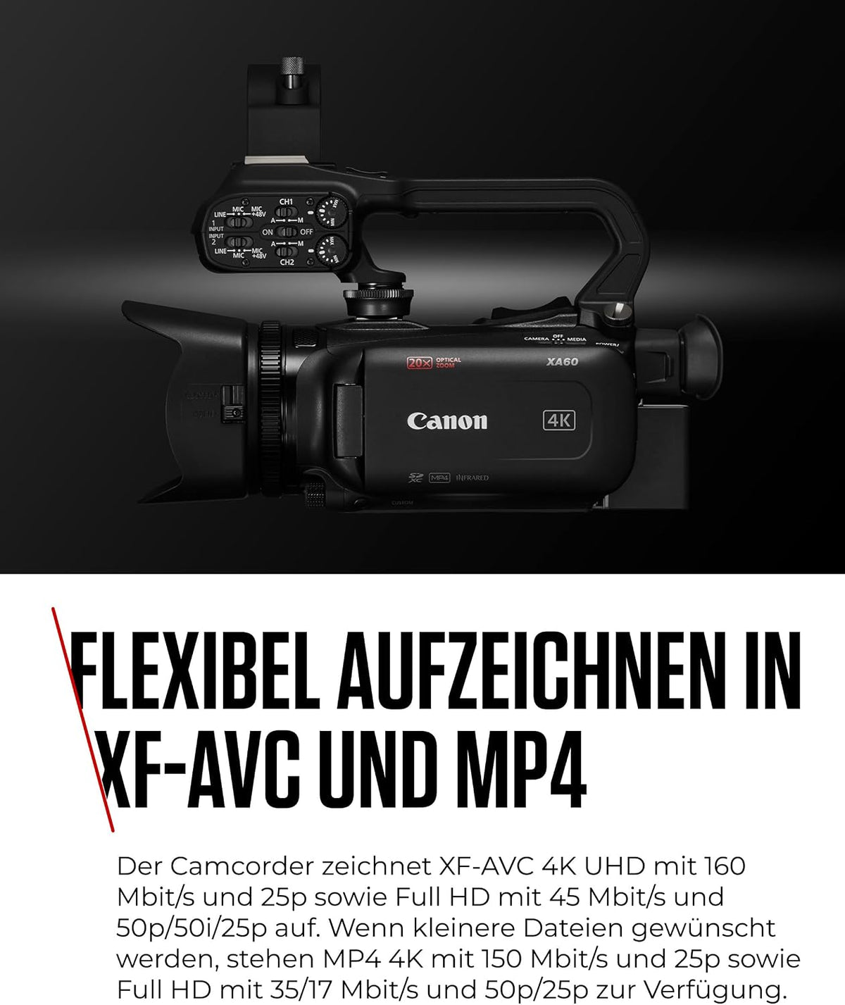 Canon XA60 Professional 4K Video Camera, 20x Optical Zoom, CMOS Sensor