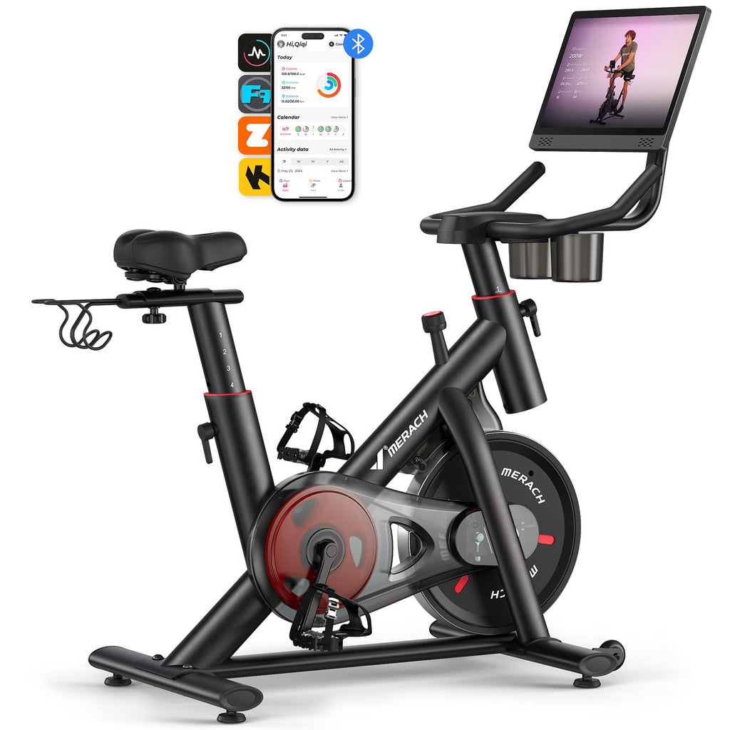 MERACH Heimtrainer Fahrrad mit Verstellbarem Widerstand, Leises Hometrainer Fahrrad mit Verbessertem LED-Monitor, Tablet-Halter, Indoor Cycling Bike für Kardiotraining zu Hause, Eigener App, Bis 136KG
