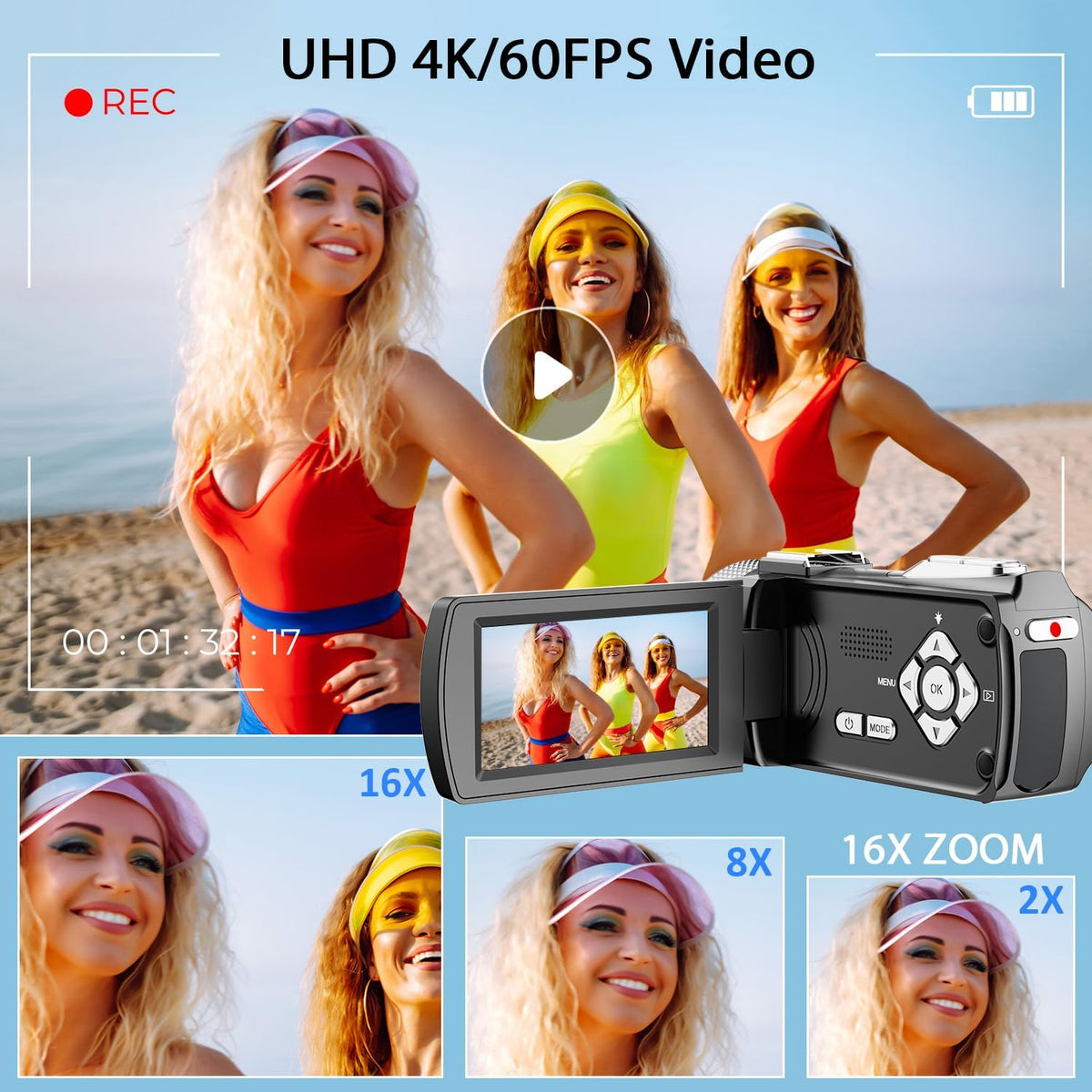 4K Video Camera, 48MP Photo/4K 60FPS Video Recorder, Digital Camcorder for Vlogging on YouTube, with 2 Batteries/Wireless Microphone/SD Card/Remote Control