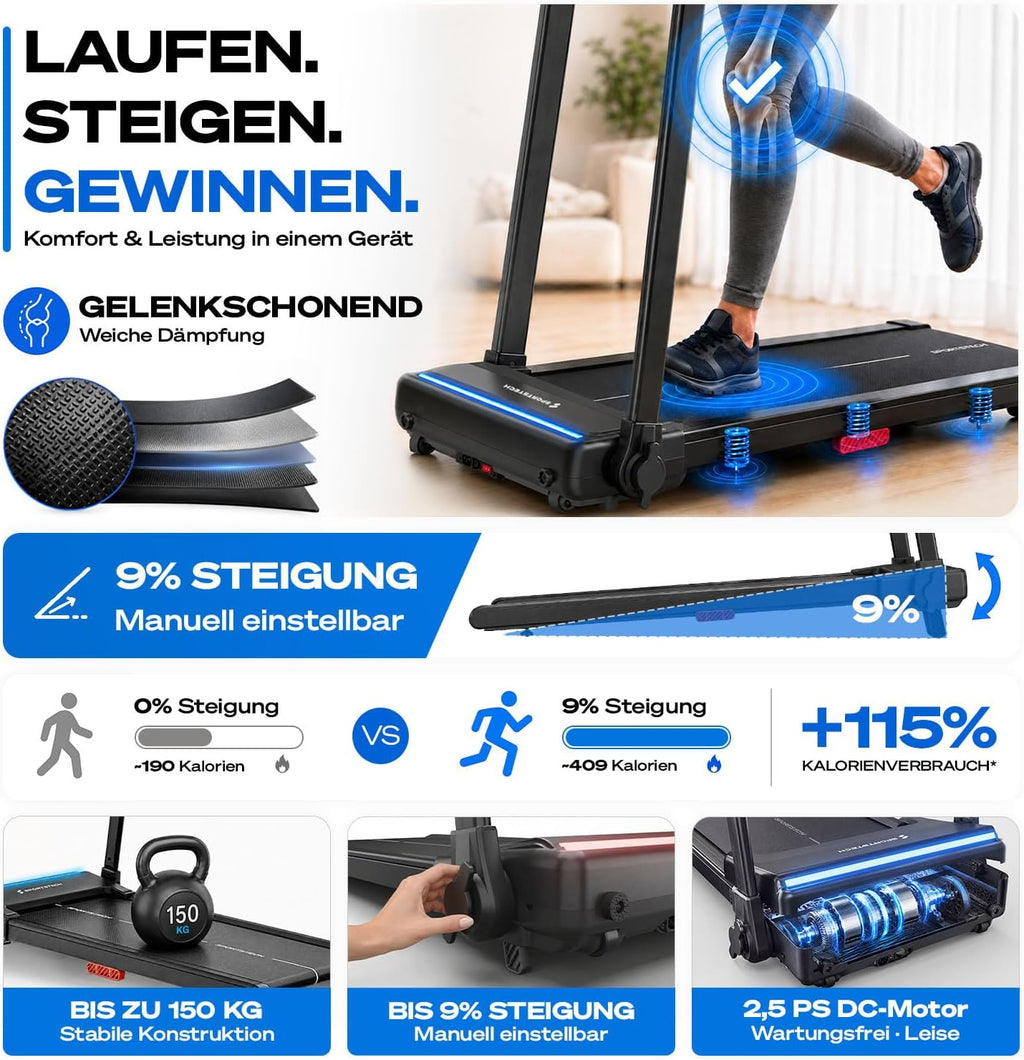 Sportstech, Laufband für Zuhause klappbar, bis 12 km/h, 9% Steigung