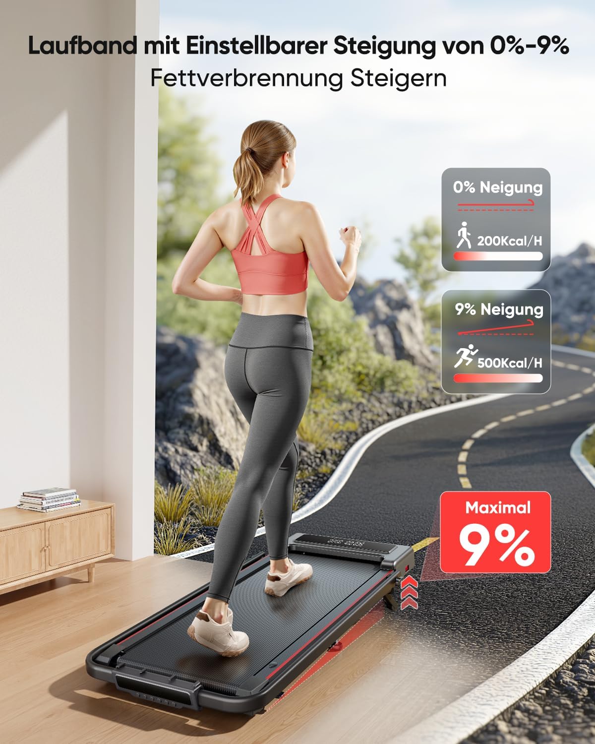 Laufband für Zuhause mit 9% Neigung, 12 km/h Klappbar Laufband mit Steigung, 2.5HP Leiser Motor, 4 IN 1 Under Desk Schreibtisch Treadmill für Zuhause & Büro