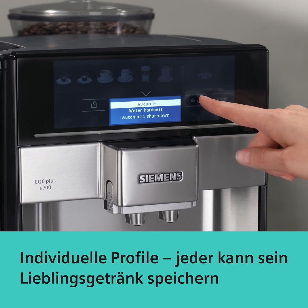 Siemens Kaffeevollautomat EQ6 plus s700, Milchsystem, 12 Getränke, automatische Reinigung des Milchsystems, Keramikmahlwerk, großes Touchdisplay, Edelstahl, TE657503DE