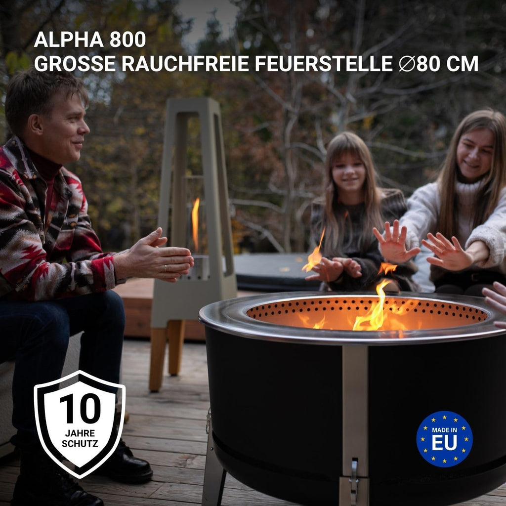 Masuria Alpha 800 Smokeless Fire Bowl 80 cm Diameter - Patented Smoke Reduction up to 95% - Made in the EU - Low-Smoke Outdoor Fire Pit Made of 304 Stainless Steel - Adjustable Legs - Black