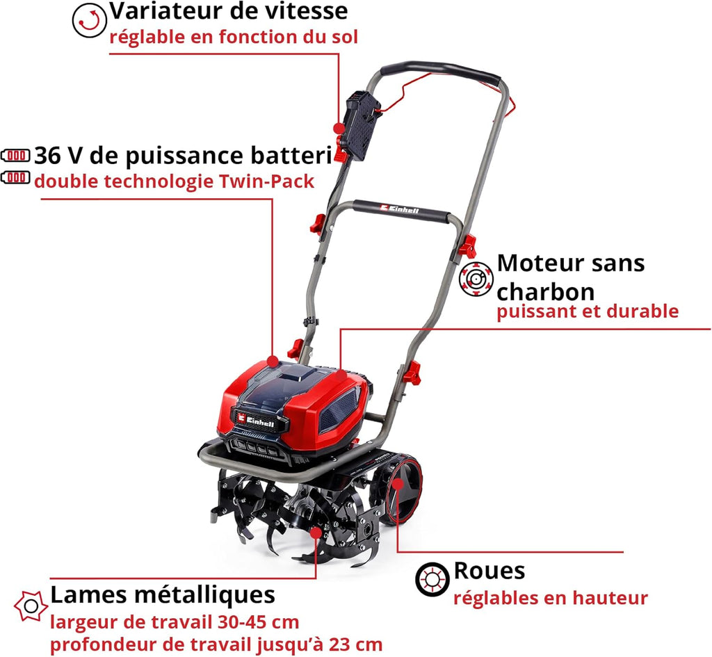 Einhell GP-CR 36/45 Li E BL-Solo Power X-Change Cordless Tiller (36 V, Carbonless Motor, Working Width 45 cm, Working Depth 23 cm, Height Adjustable Wheels)