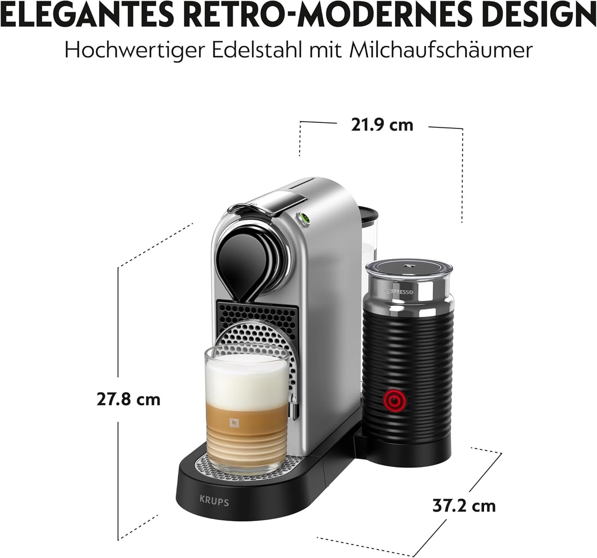 Nespresso Krups XN761B Citiz&Milk Kaffeekapselmaschine | automatischen Standby-Modus | 1260W | Wassertankkapazität: 1L | Pumpendruck: 19 Bar | silber