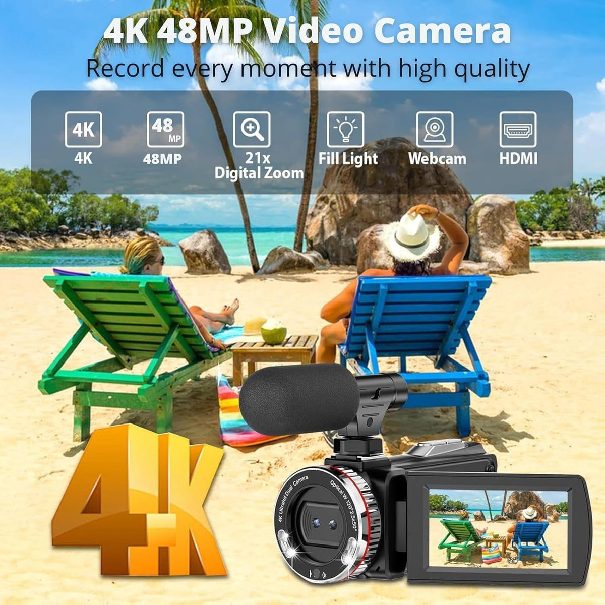 Videokamera 4K Camcorder 48MP 21X Digitalzoom 3.0''270°Drehbarer Screen Vlogging Kamera für YouTube, Video Kamera mit HDMI-Kabel, Externes Mikrofon, Fernbedienung, 32 GB Karte, 2 Batterien