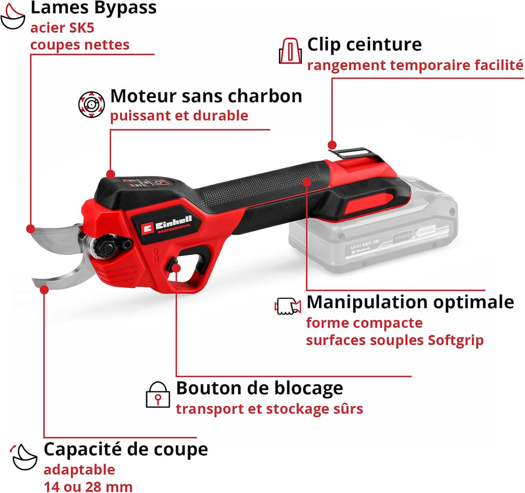 Einhell Professional Cordless Pruning Shears GP-LS 18/28 Li BL-Solo Power X-Change (18V, Adjustable Cutting Capacity, Max Branch Thickness 28mm, Bypass Blades, Belt Clip, Without Battery)