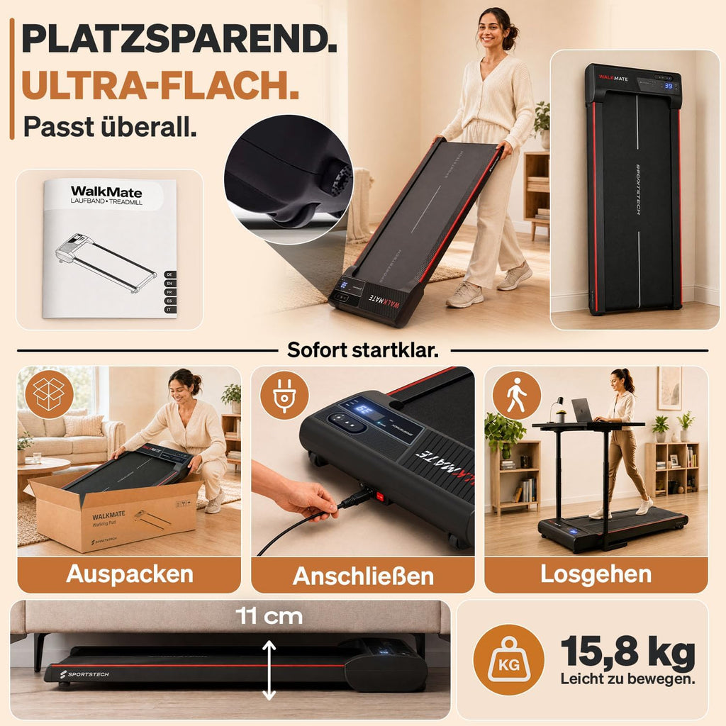 Sportstech, Walking Pad mit Steigung, 150 kg belastbar, 6 km/h, Under Desk