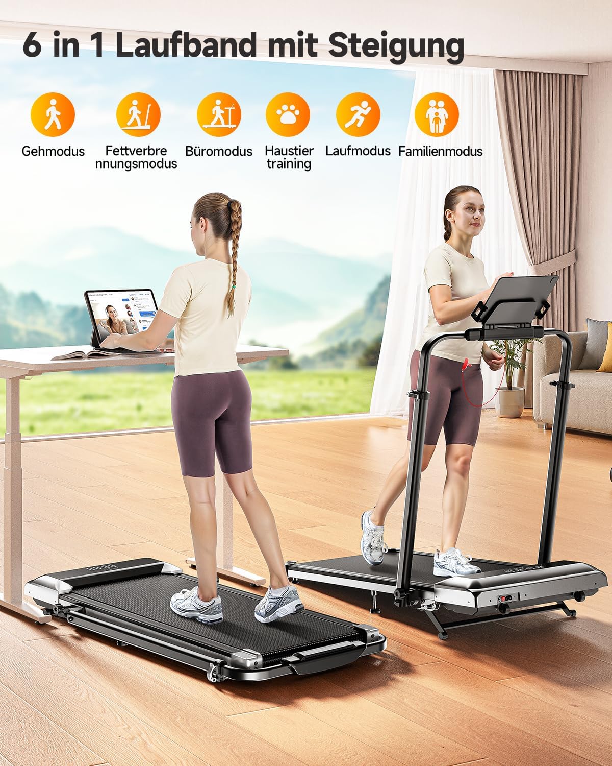 Laufband für Zuhause mit 12% Steigung, 12km/h, 6 in 1 Walking Pad, Klappbar Laufband mit 1150MM Einziehbares Steigrohr, 95°/105° Drehbarer Steigrohr, 2.5HP Leiser Motor, Fernbedienung und App
