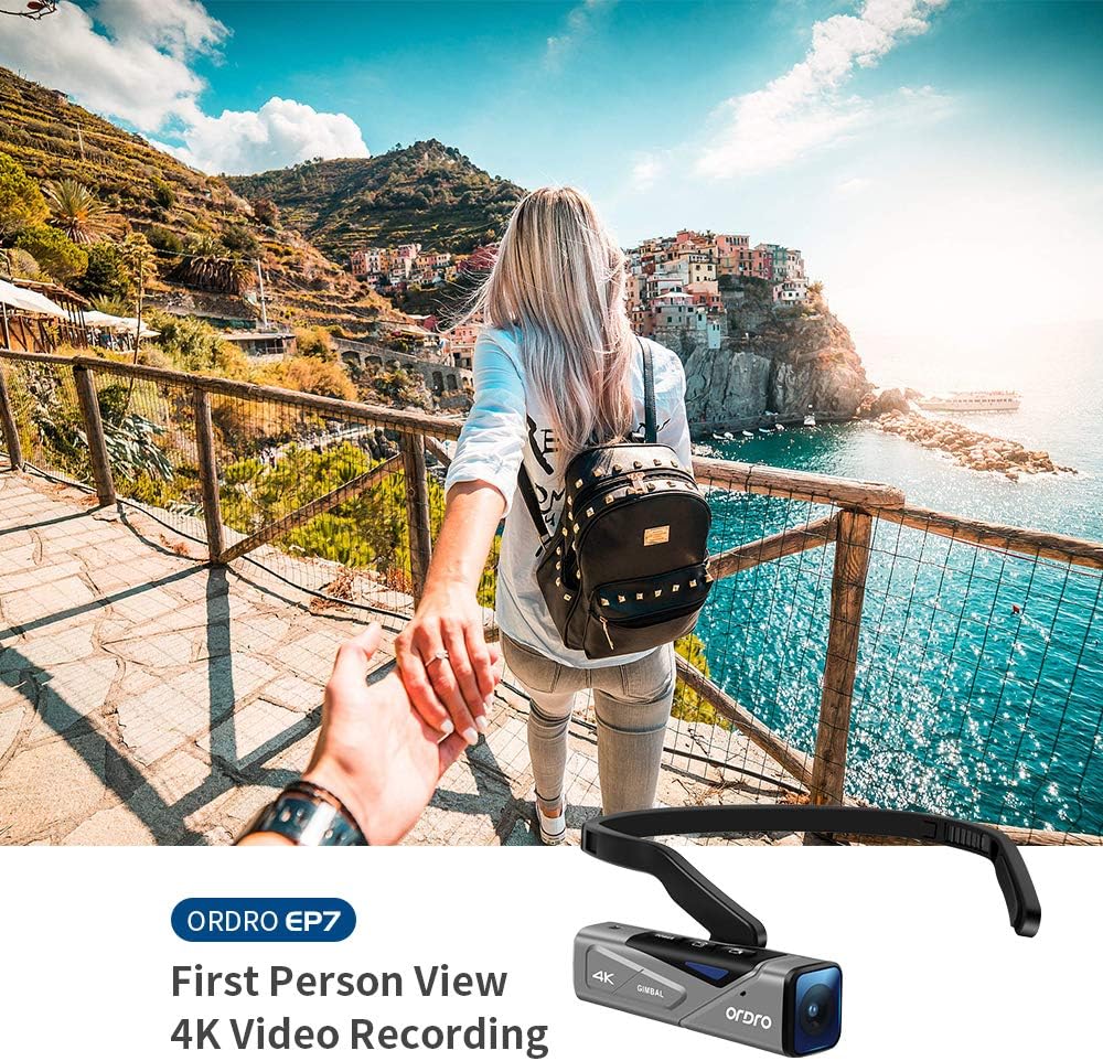 ORDRO 4K Camcorder Handsfree Videokamera EP7 Camcorder 4K 30fps UHD FPV Vlog Kamera mit Gimbal Stabilizer, POV-Aufnahmen, Fernbedienung, 64GB MicroSD Karte