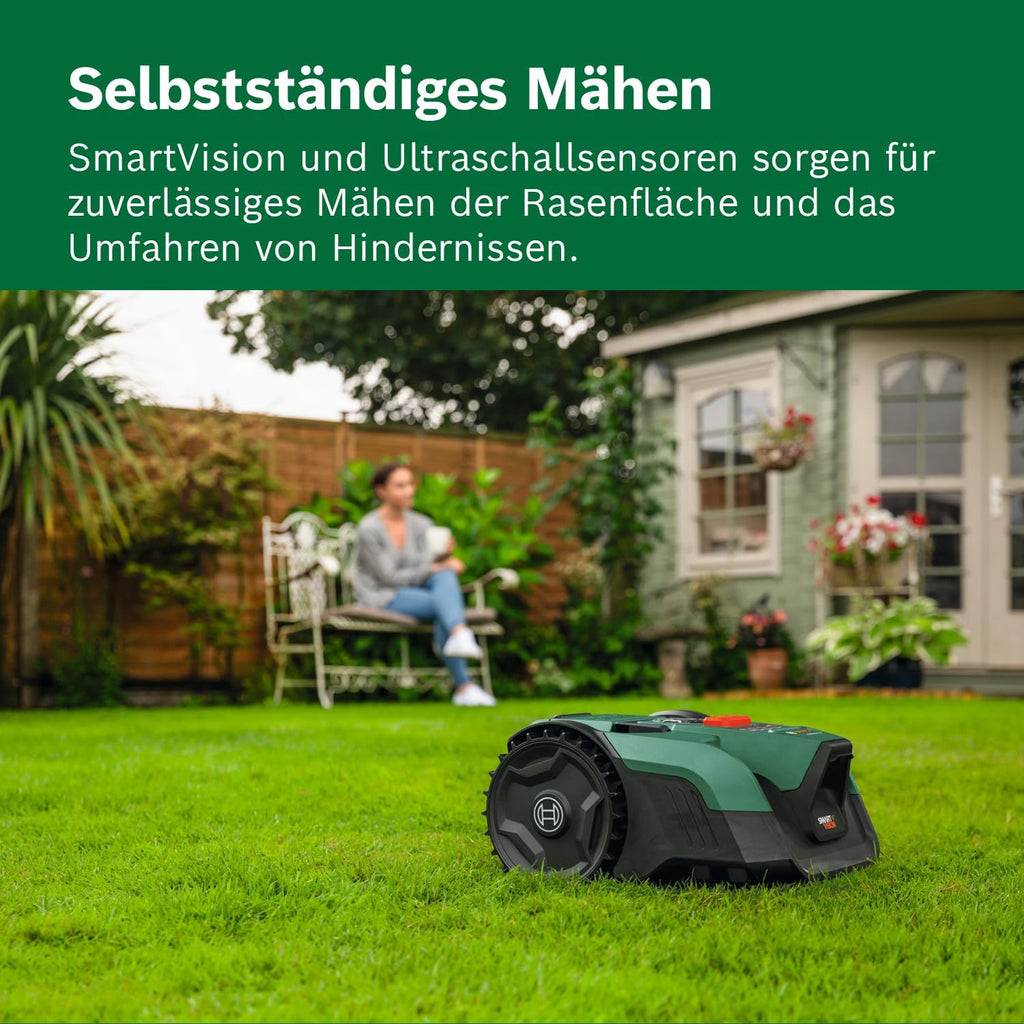 Bosch Akku-Mähroboter VISIMOW18V-200 (für Rasenflächen bis 200 m², Schnittbreite: 18 cm, Schnitthöhe: 20-60 mm, ohne Akku)