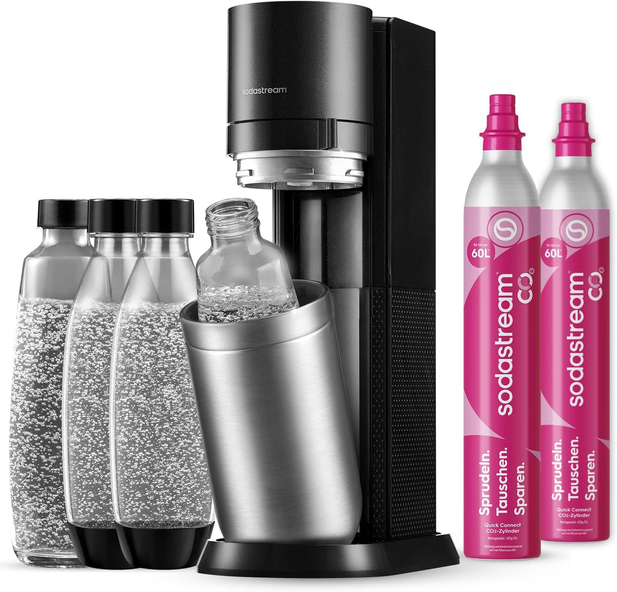 SodaStream – Duo Wassersprudler, inklusive 2x60-Liter CO2-Zylinder, 2x 1 Liter Glasflasche, 2x BPA-freie Flasche 1 Liter, spülmaschinengeeignet, umweltfreundlich & weniger Einweg-Plastikmüll, titan