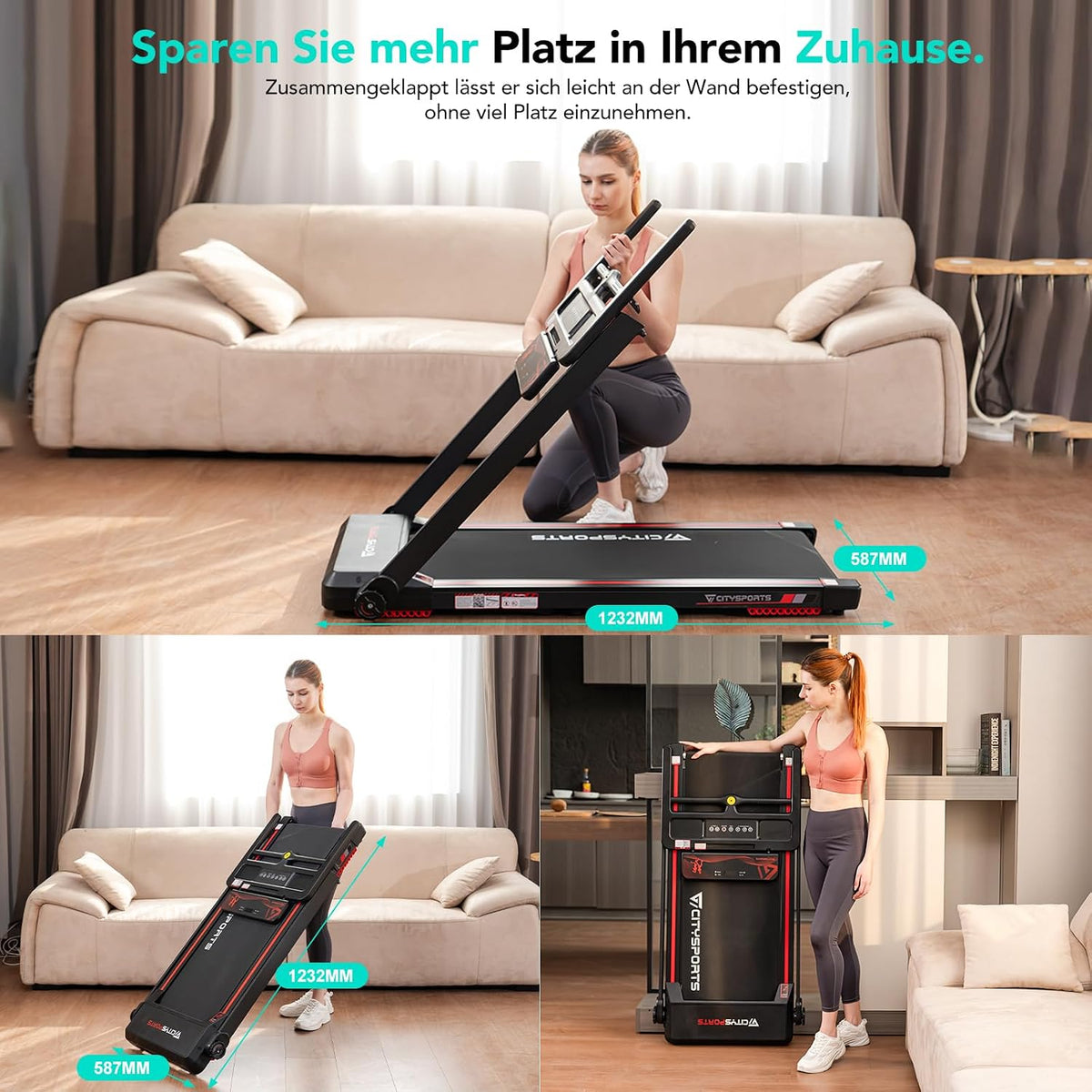 CITYSPORTS Elektrisches Laufband,Klappbares Laufband für Zuhause bis 12 km/h,mit LED-Anzeige,APP und 360° Tablet Holder,kompakte Walking Pad für Zuhause und Büro (Black)