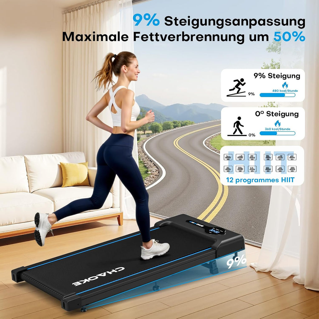 CHAOKE Walking Pad Laufband mit 9% Steigung, 10 km/h Schreibtischlaufband für Zuhause und Büro, 2,75 PS leiser Motor, Bis zu 150 kg Belastbarkeit, 12 HIIT-Programmen und Fernbedienung