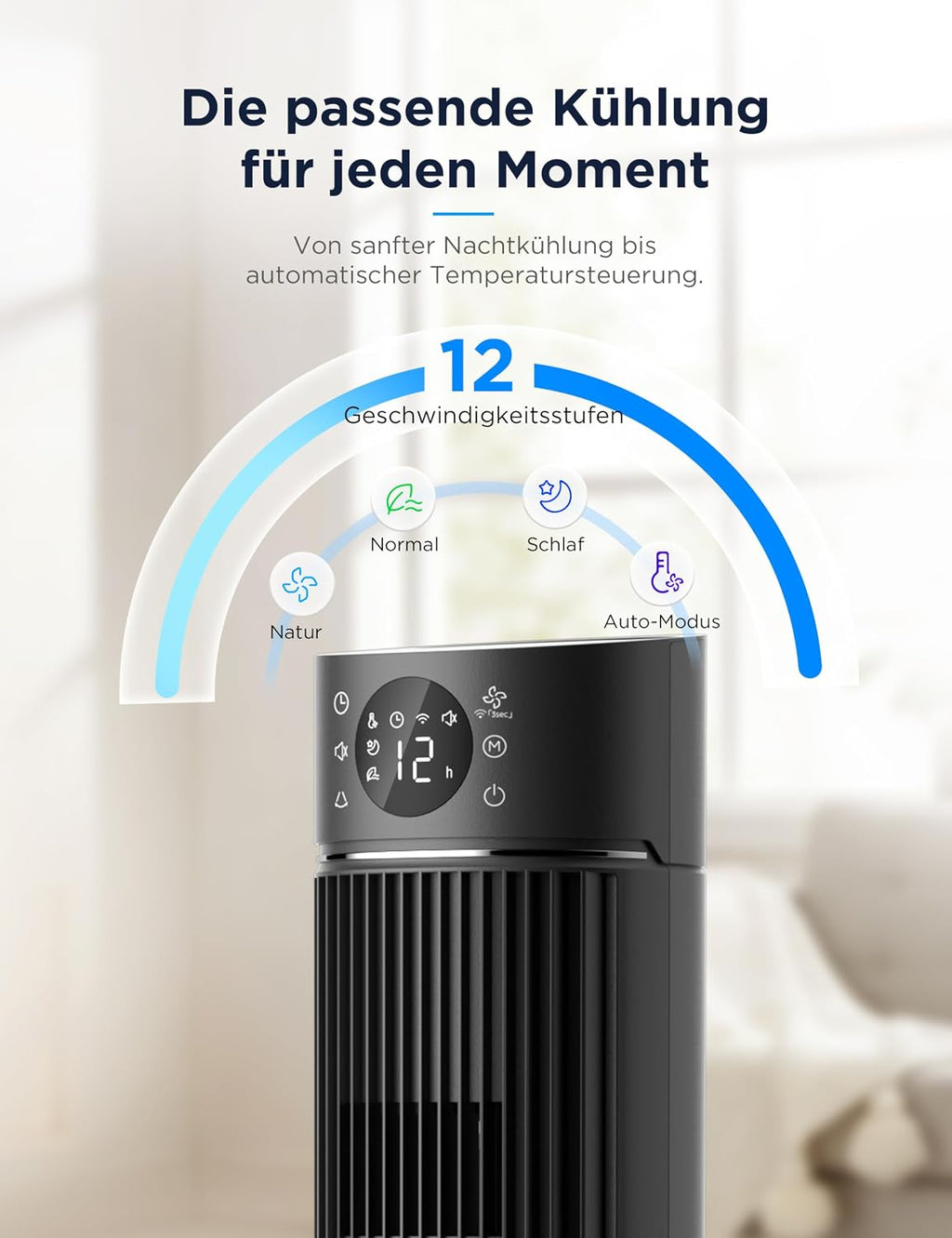 Midea FZ10-26ARDW Turmventilator, 2490 m³/h, 19 dB, DC-Motor, 12 Stufen, App, Schwarz