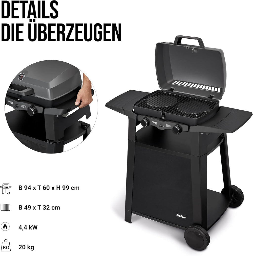 Enders Urban Pro II Trolley, Tischgrill mit Trolley, Grillen-, Kochen-und Backen Funktion, 2 Brenner Edelstahl, mit Grill-Thermometer, Balkon-, Camping-Grill, Aluguss-Gehäuse, Gusseisen-Rost #206272