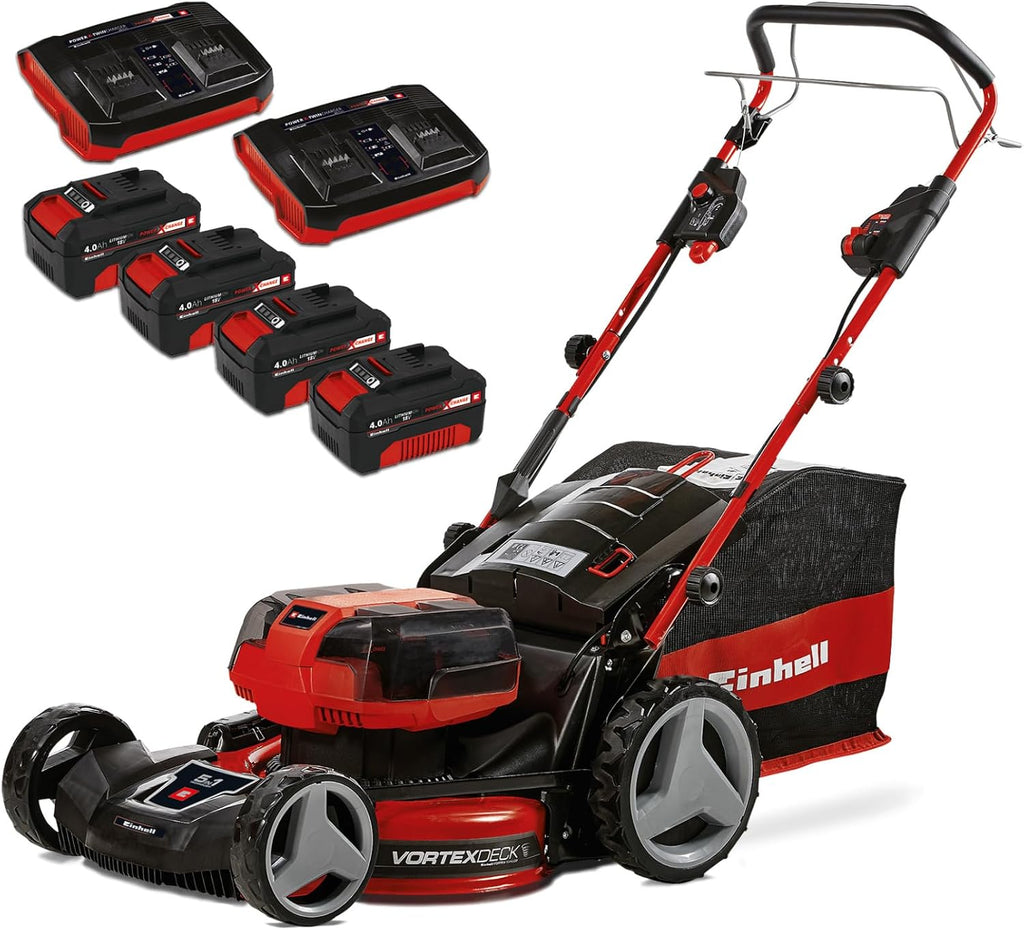 Einhell Professional Cordless Lawnmower GP-CM 36/47 S HW Li Power X-Change (36V, 47cm Cutting Width, Self-Propelled, Carbon Free Motor) Comes with 4 x 4.0Ah Batteries and 2 Dual Chargers