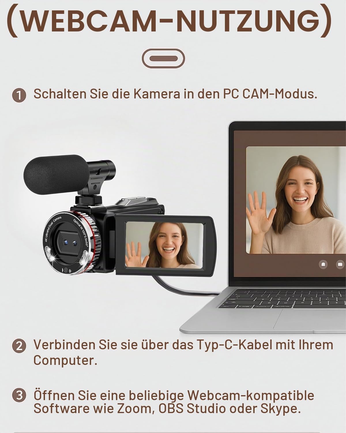 Videokamera 4K 48MP, 21X Digital Zoom Camcorder, 3.0'' 270° Screen Vlogging Kamera für YouTube, LED-Fülllicht Video Camera mit 2 Batterien, Externem Mikrofon, HDMI-Kabel, 32 GB TF-Karte