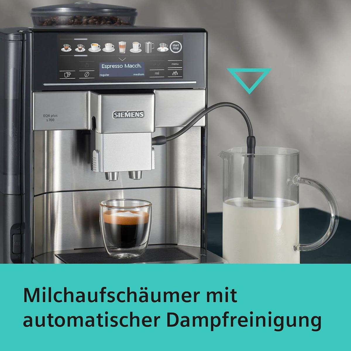 Siemens Kaffeevollautomat EQ6 plus s700, Milchsystem, 12 Getränke, automatische Reinigung des Milchsystems, Keramikmahlwerk, großes Touchdisplay, Edelstahl, TE657503DE