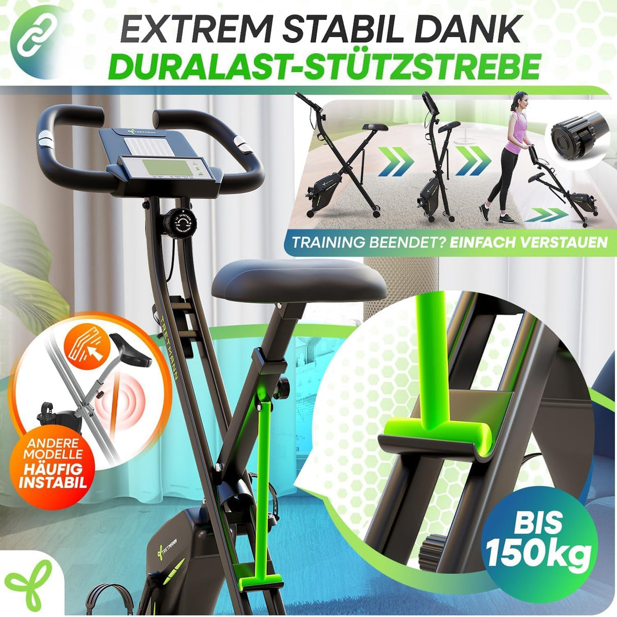 Tretmann Home Fahrrad klappbar – extra bequem & leise, bis 150 kg belastbar