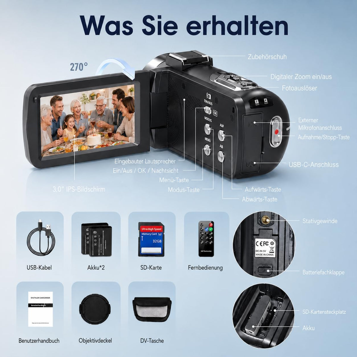 Camcorder 4K - Videokamera 30FPS 80MP 18X Digitalzoom IR Nachtsicht Vlogging Kamera, 3,0 Zoll IPS-Bildschirm YouTube Camera mit 32GB SD-Karte, Fernbedienung und 2 Batterien