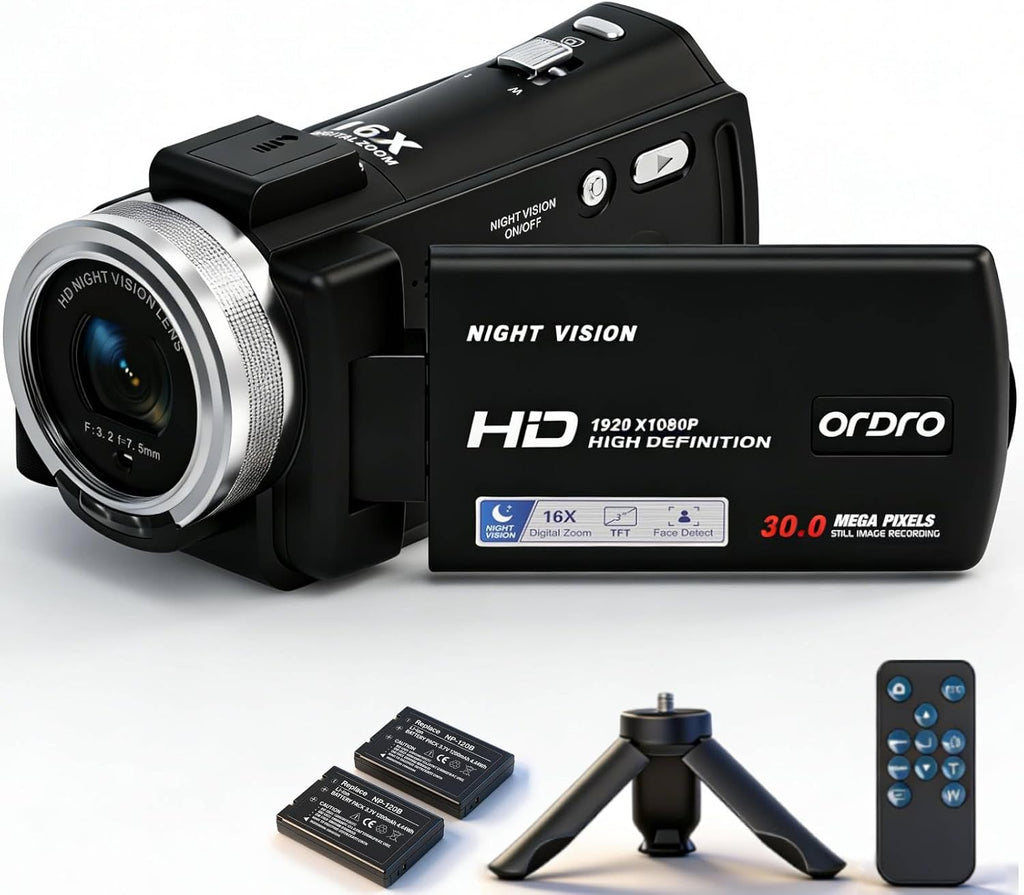 ORDRO V12 Video Camera 1080P Camcorder with Tripod