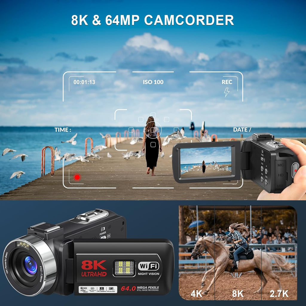 Video Camera 8K 64MP Camcorder 18X Digital Zoom IR Night Vision Vlogging