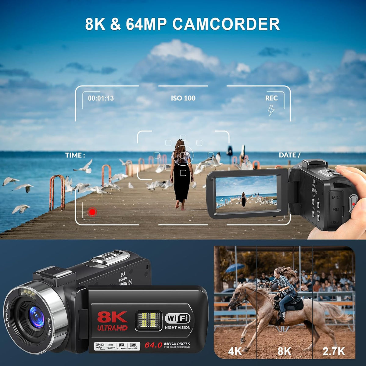 Video Camera 8K 64MP Camcorder 18X Digital Zoom IR Night Vision Vlogging
