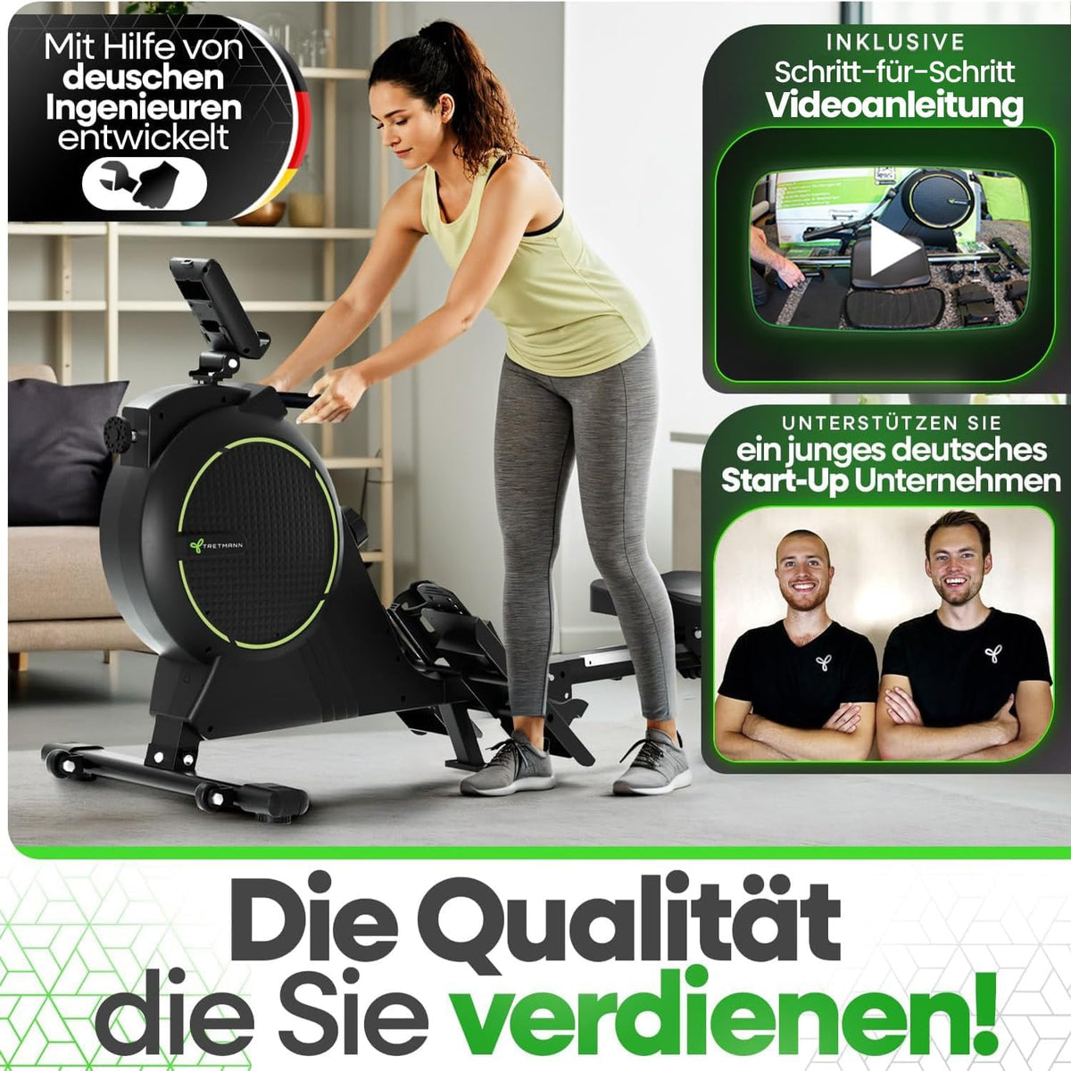 TRETMANN Rudergerät für Zuhause Set – extra leise [Wirbelstrombremse 2.0]