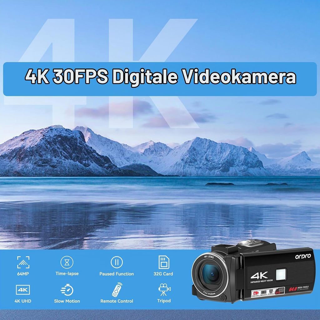 ORDRO Z36 4K/30fps Camcorder, 64MP Vlogging Camera with 18X Digital Zoom