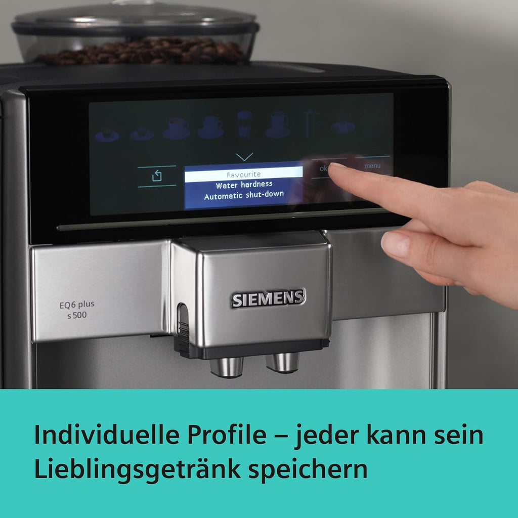 Siemens Kaffeevollautomat EQ6 plus s300, Milchsystem, 11 Getränke, automatische Reinigung des Milchsystems, Keramikmahlwerk, großes Touchdisplay, Silber, TE653501DE