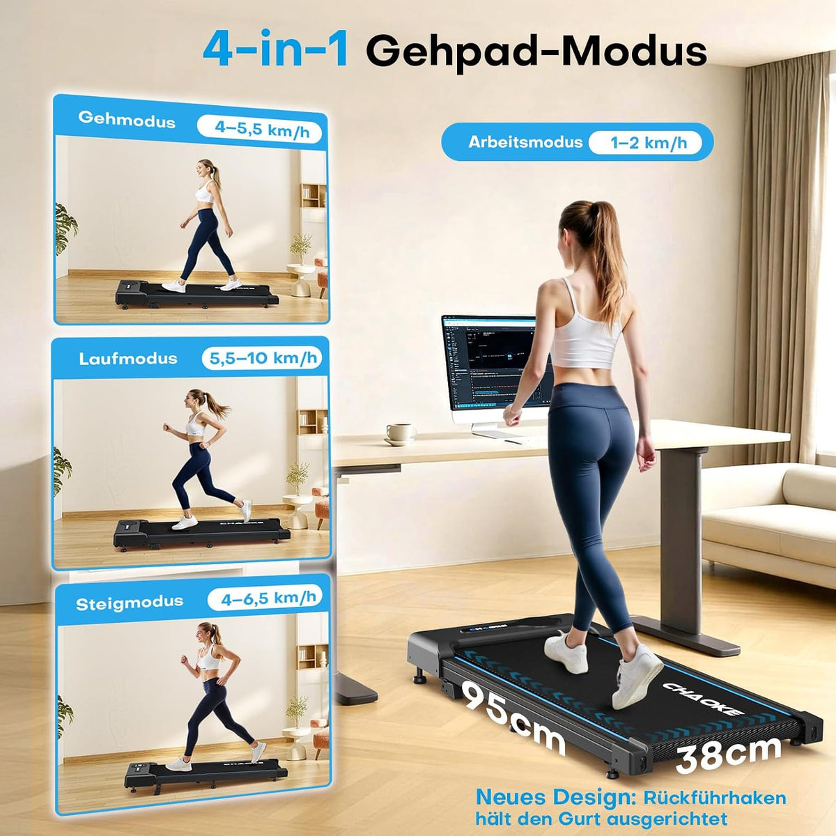 CHAOKE Walking Pad Laufband mit 9% Steigung, 10 km/h Schreibtischlaufband für Zuhause und Büro, 2,75 PS leiser Motor, Bis zu 150 kg Belastbarkeit, 12 HIIT-Programmen und Fernbedienung