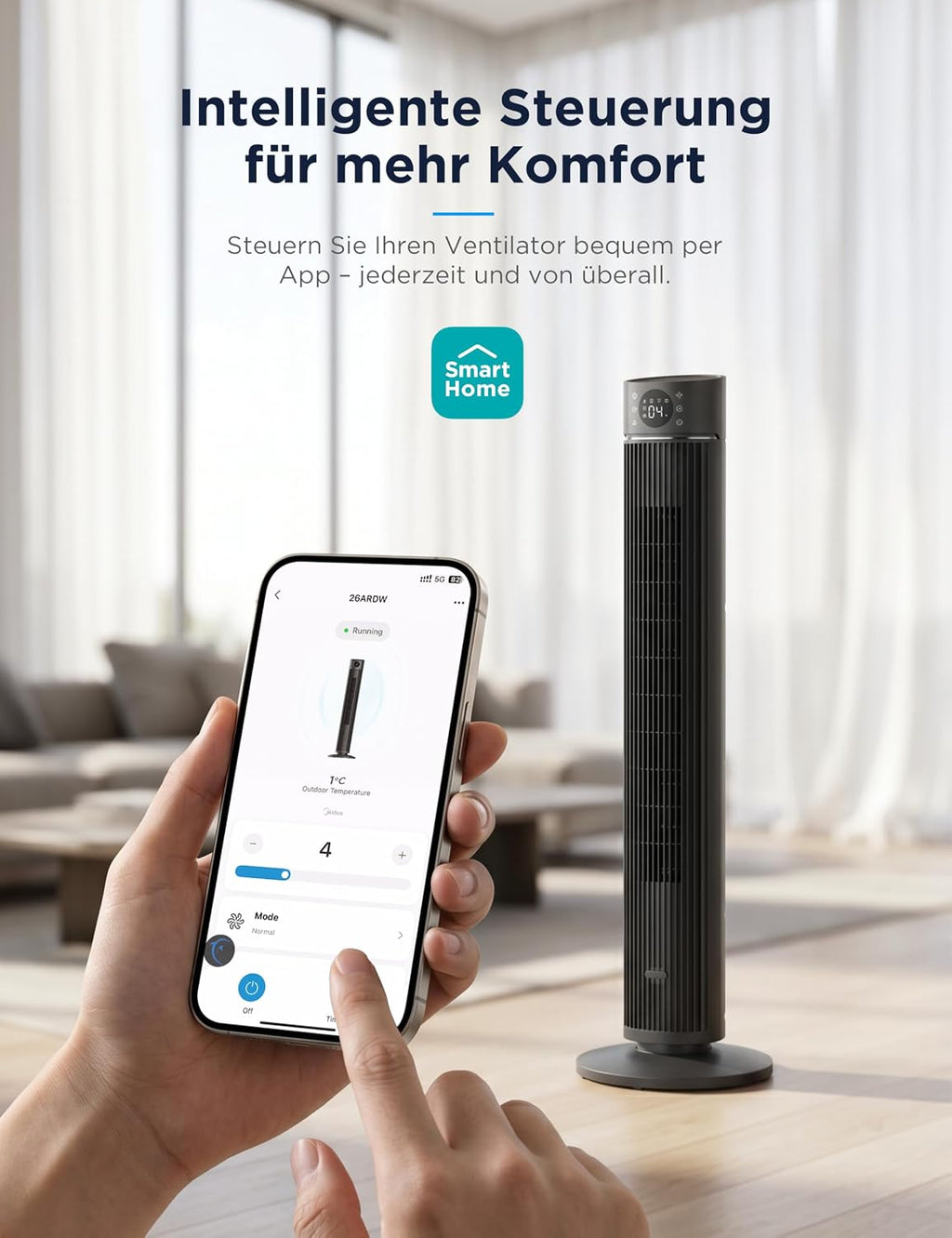 Midea FZ10-26ARDW Turmventilator, 2490 m³/h, 19 dB, DC-Motor, 12 Stufen, App, Schwarz