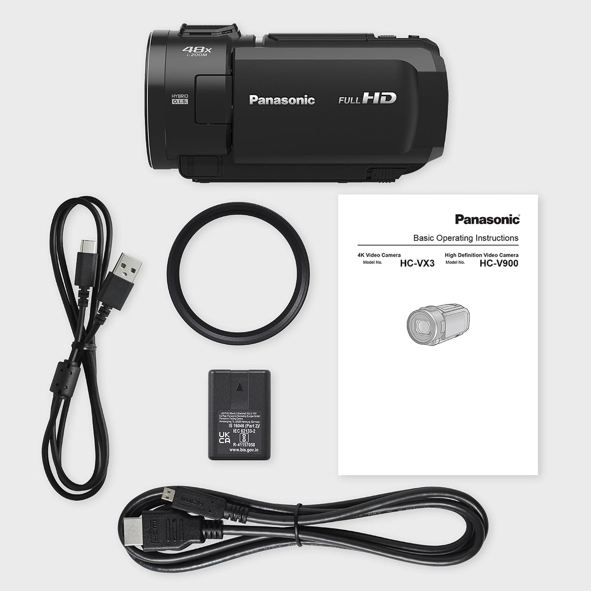 Panasonic HC-V900E-K Full HD Camcorder FHD Video 25mm F1.8 Wide Angle Lens 24X Optical Zoom Hybrid OIS+ HDR Zoom Microphone Touch Screen Black