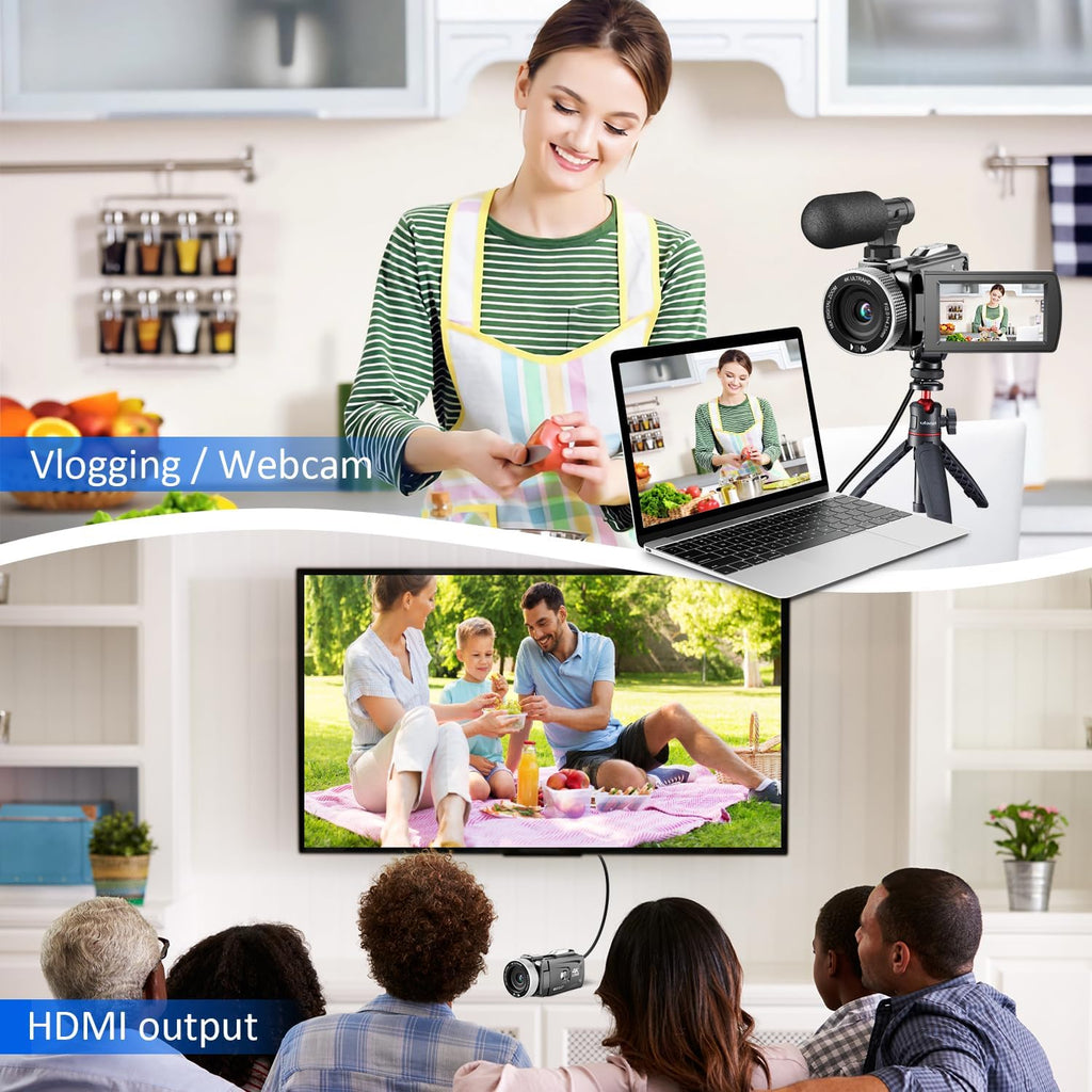4K Video Camera, 48MP Photo/4K 60FPS Video Recorder, Digital Camcorder for Vlogging on YouTube, with 2 Batteries/Wireless Microphone/SD Card/Remote Control