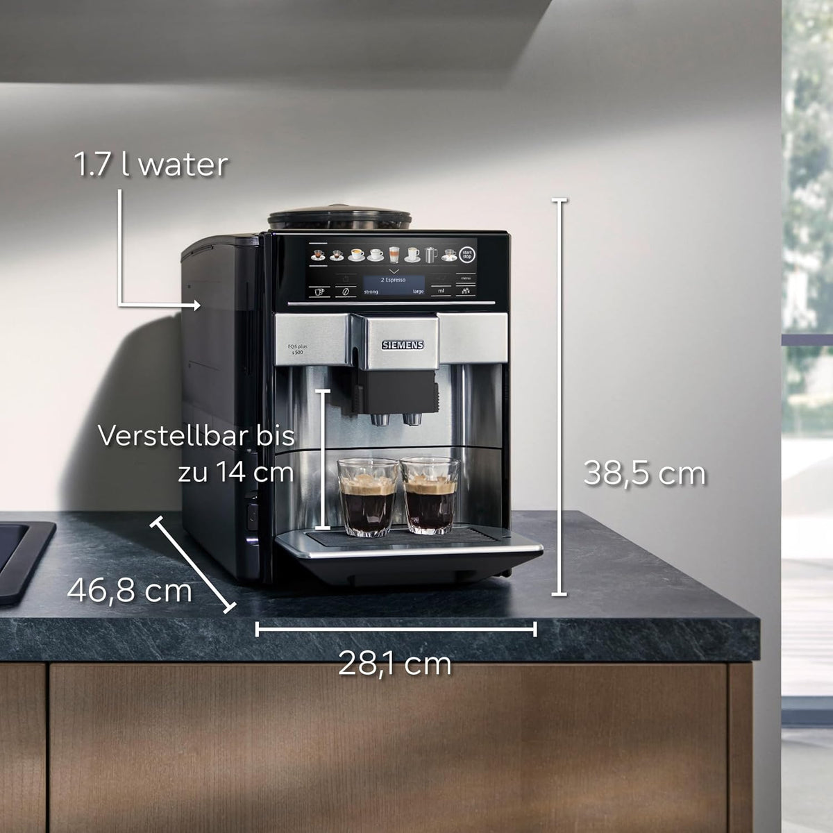 Siemens Kaffeevollautomat EQ6 plus s300, Milchsystem, 11 Getränke, automatische Reinigung des Milchsystems, Keramikmahlwerk, großes Touchdisplay, Silber, TE653501DE
