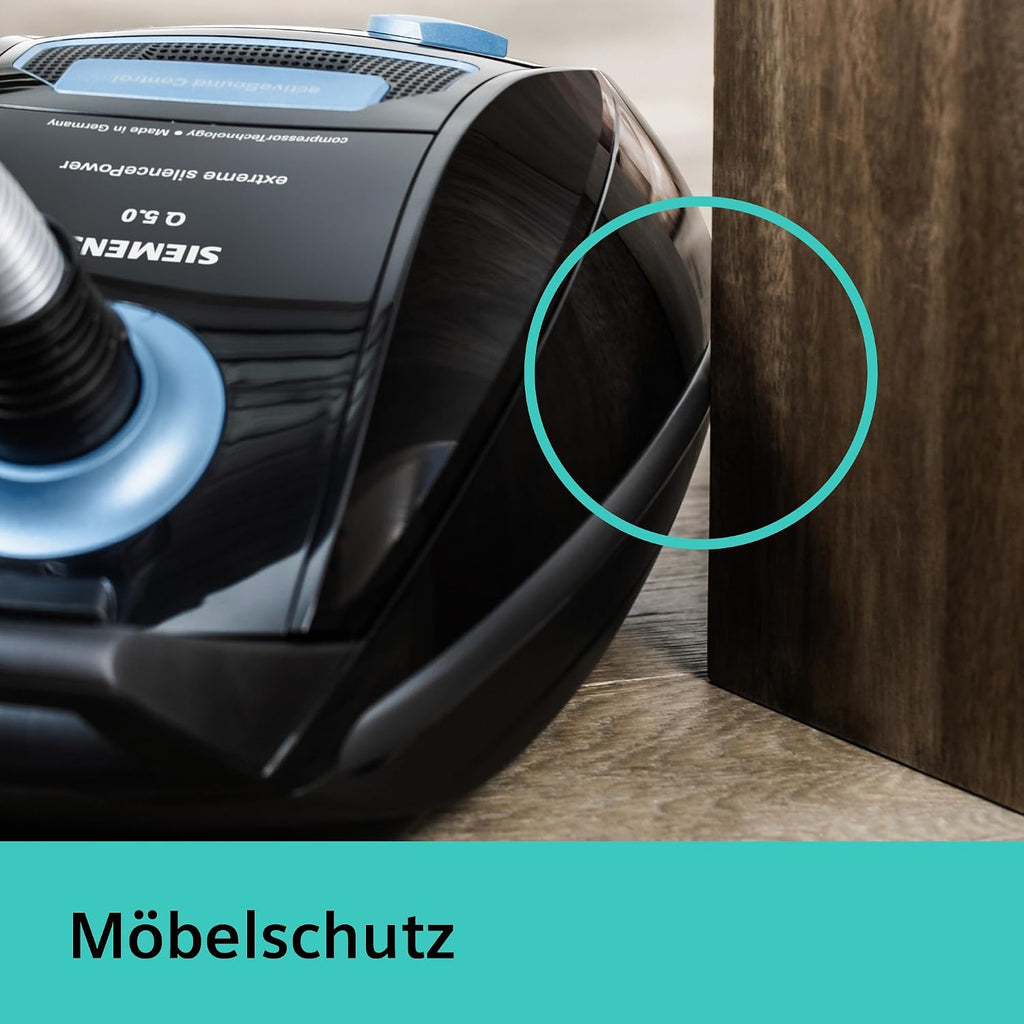 Siemens Staubsauger mit Beutel Q5.0 Extreme silencePower VSQ5X1232, für Allergiker, Hygiene-Filter, Starke Saugleistung auf Parkett, Teppich und Fliesen, langes Kabel, Made in Germany, 850 W, schwarz