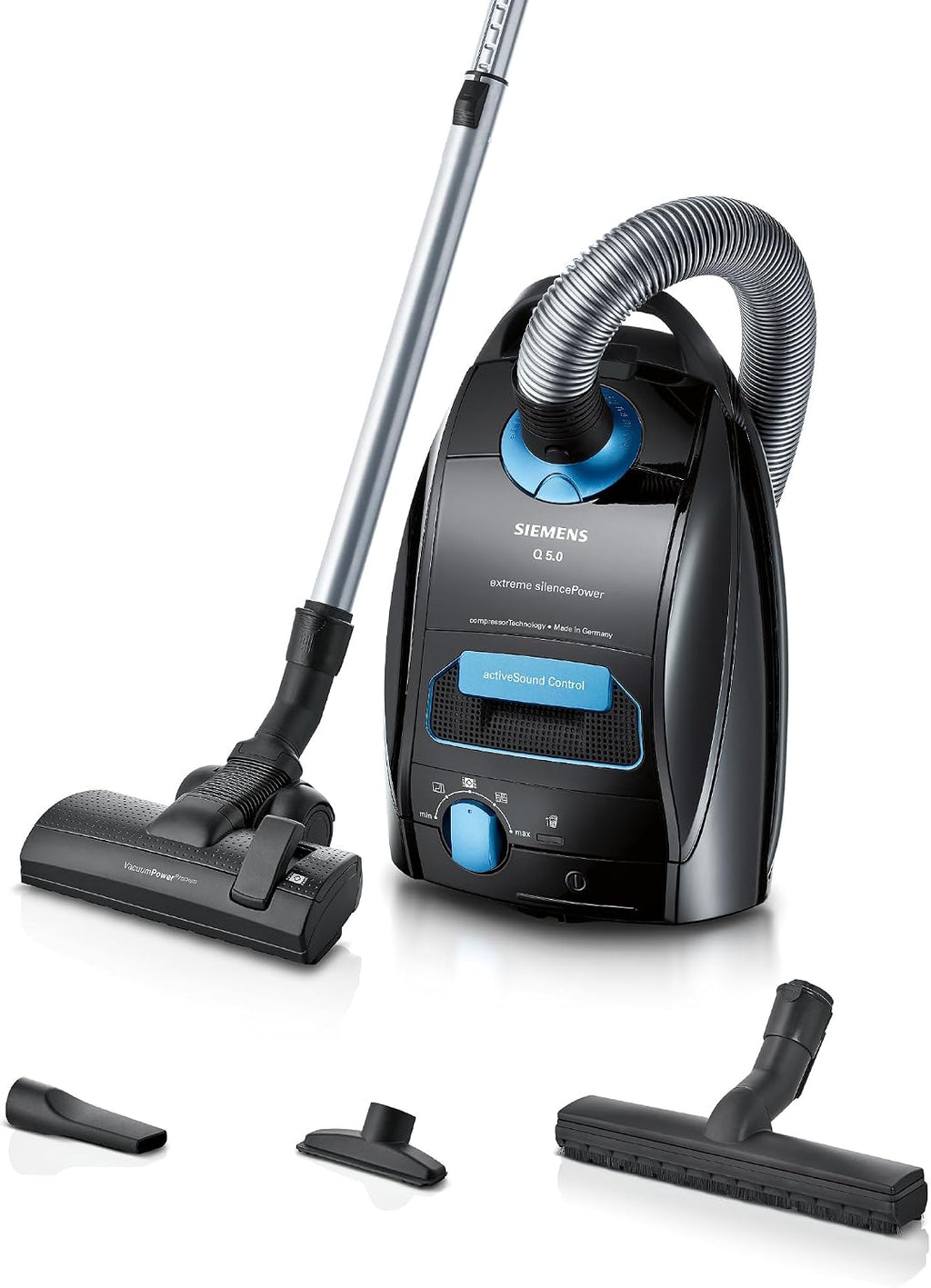 Siemens Staubsauger mit Beutel Q5.0 Extreme silencePower VSQ5X1232, für Allergiker, Hygiene-Filter, Starke Saugleistung auf Parkett, Teppich und Fliesen, langes Kabel, Made in Germany, 850 W, schwarz