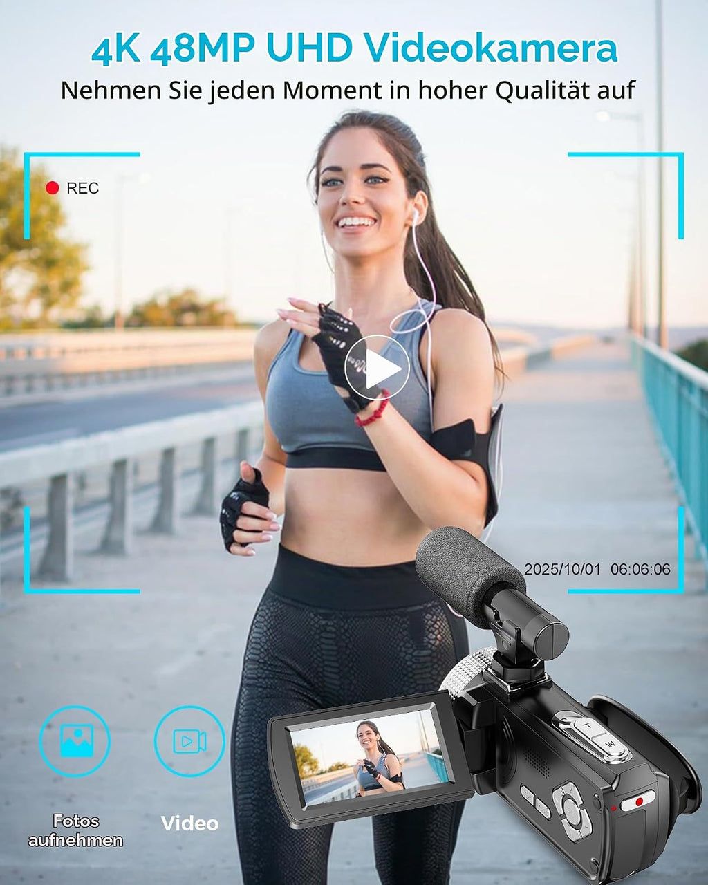 Videokamera 4K 48MP Camcorder 18X Digital Zoom Vlogging Kamera mit LED-Fülllicht für YouTube, 3.0'' 270°Drehbarer Screen Video Kamera mit Externem Mikrofon, Fernbedienung, 2 Batterien (32 GB Karte)